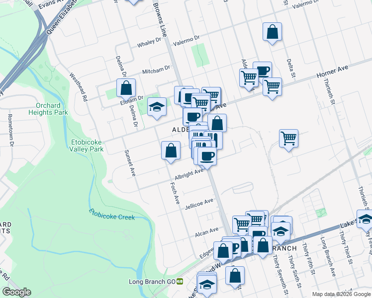 map of restaurants, bars, coffee shops, grocery stores, and more near 21B Roseland Drive in Toronto