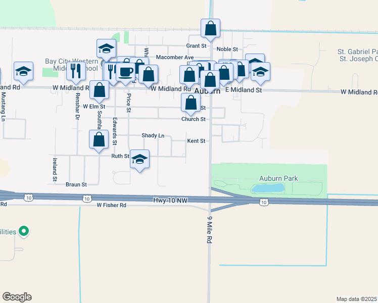 map of restaurants, bars, coffee shops, grocery stores, and more near 408 Auburn Street in Auburn