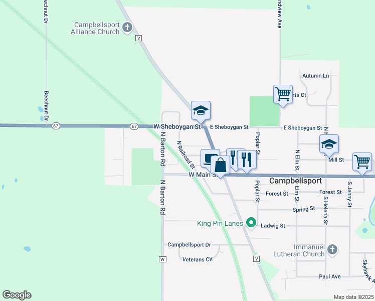 map of restaurants, bars, coffee shops, grocery stores, and more near 207 North Railroad Street in Campbellsport