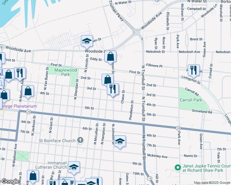 map of restaurants, bars, coffee shops, grocery stores, and more near 1004 North Johnson Street in Bay City