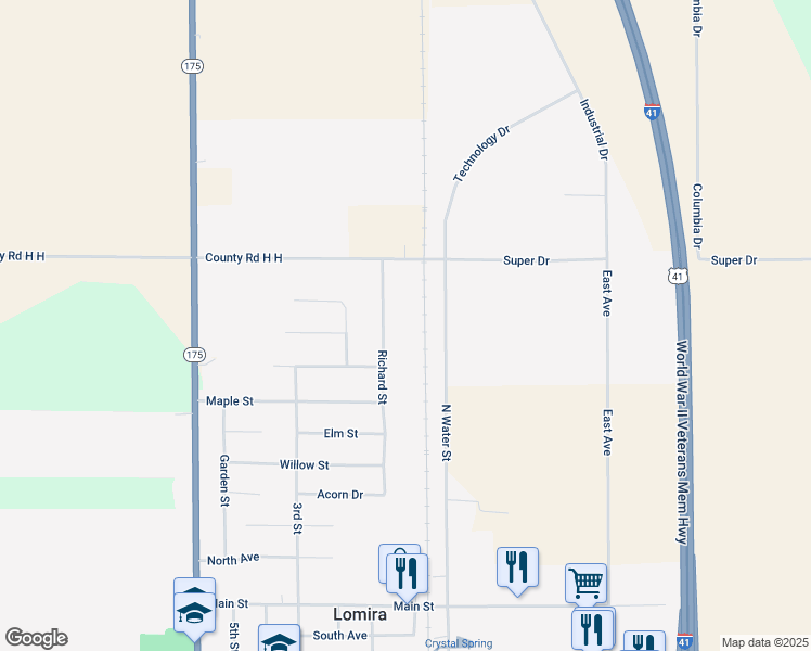 map of restaurants, bars, coffee shops, grocery stores, and more near 1160 Richard Street in Lomira