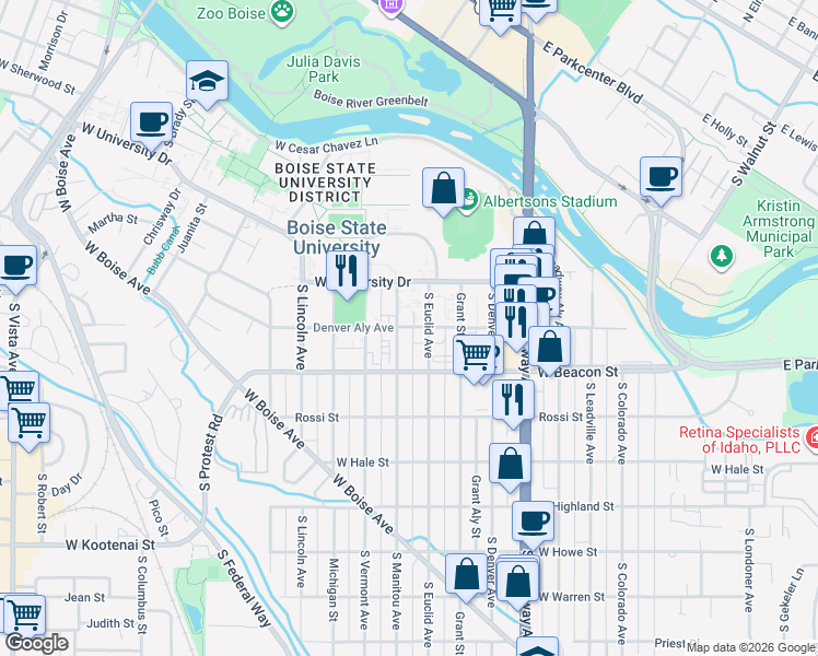 map of restaurants, bars, coffee shops, grocery stores, and more near 1111 South Euclid Avenue in Boise