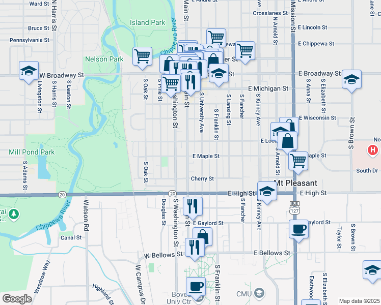map of restaurants, bars, coffee shops, grocery stores, and more near 515 South Main Street in Mount Pleasant