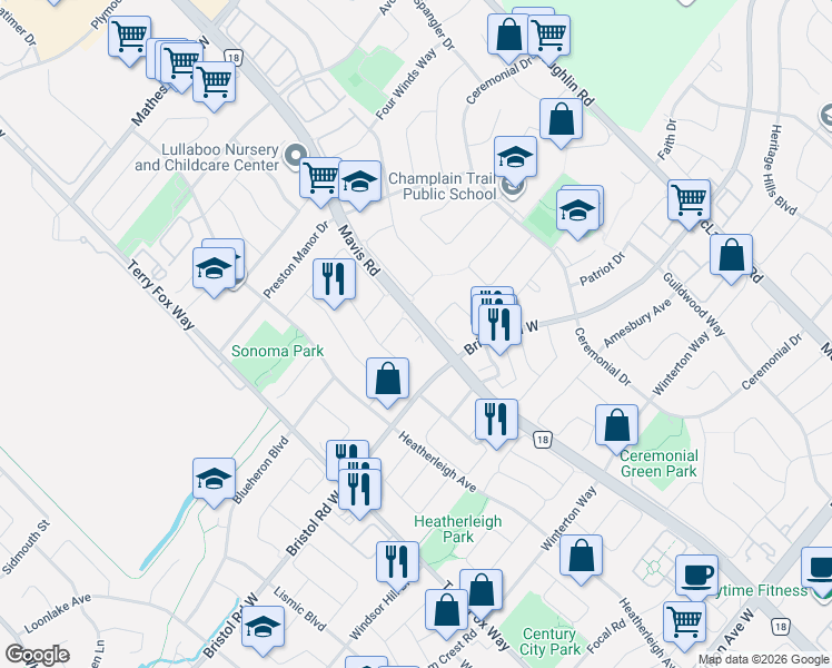 map of restaurants, bars, coffee shops, grocery stores, and more near 784 Avonshire Court in Mississauga