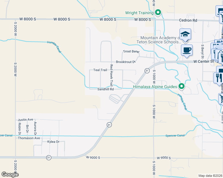 map of restaurants, bars, coffee shops, grocery stores, and more near 1 Red Hawk Trail in Victor