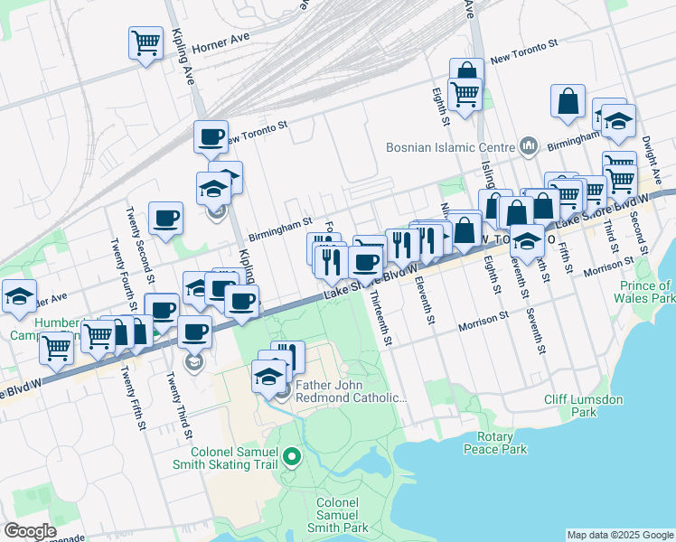 map of restaurants, bars, coffee shops, grocery stores, and more near 10 Fourteenth Street in Toronto