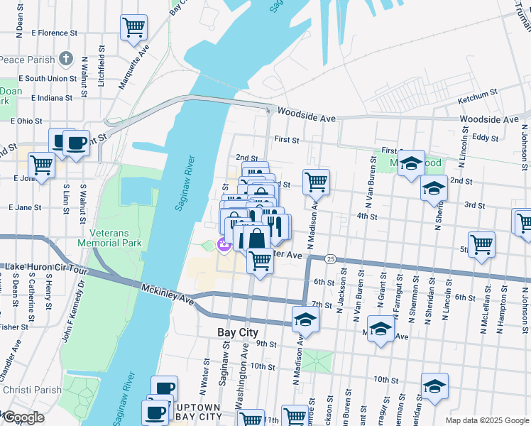 map of restaurants, bars, coffee shops, grocery stores, and more near 822 Washington Avenue in Bay City