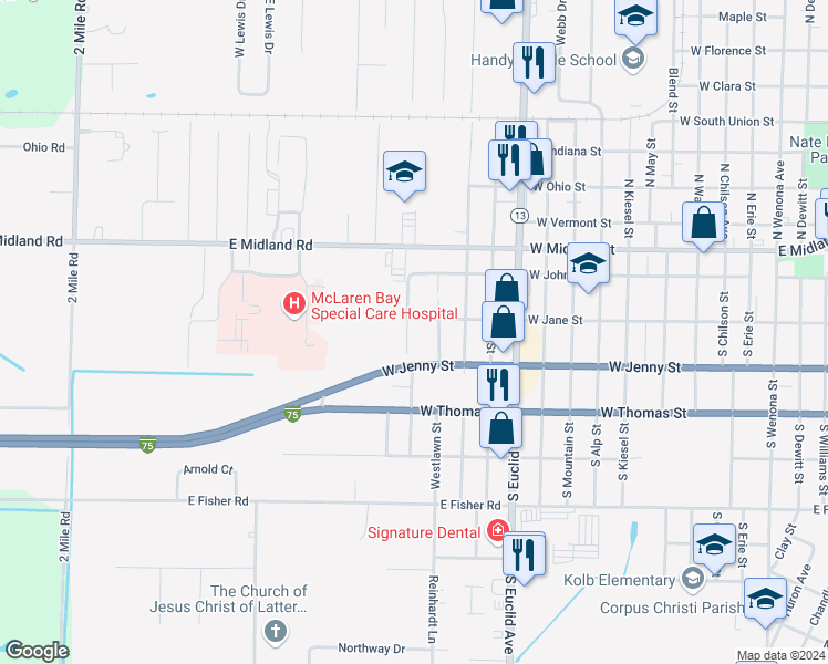 map of restaurants, bars, coffee shops, grocery stores, and more near 301 Shirwinjo Drive in Bay City