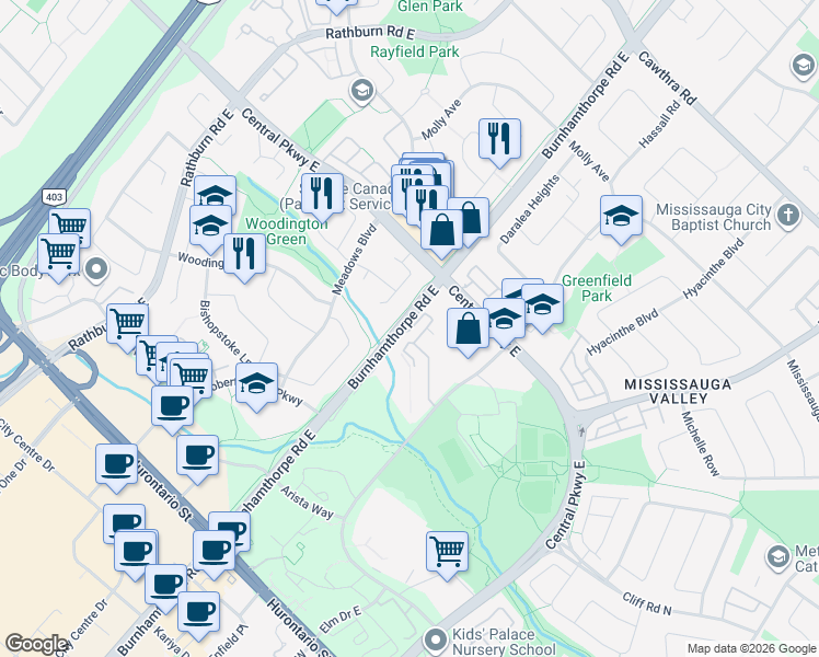 map of restaurants, bars, coffee shops, grocery stores, and more near 310 Burnhamthorpe Road East in Mississauga