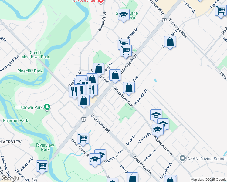 map of restaurants, bars, coffee shops, grocery stores, and more near in Mississauga