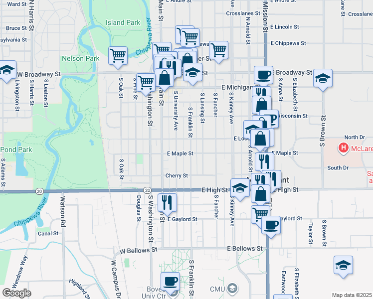 map of restaurants, bars, coffee shops, grocery stores, and more near 609 South Franklin Street in Mount Pleasant