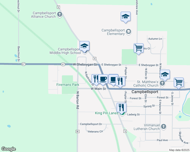 map of restaurants, bars, coffee shops, grocery stores, and more near 125 Martin Street in Campbellsport