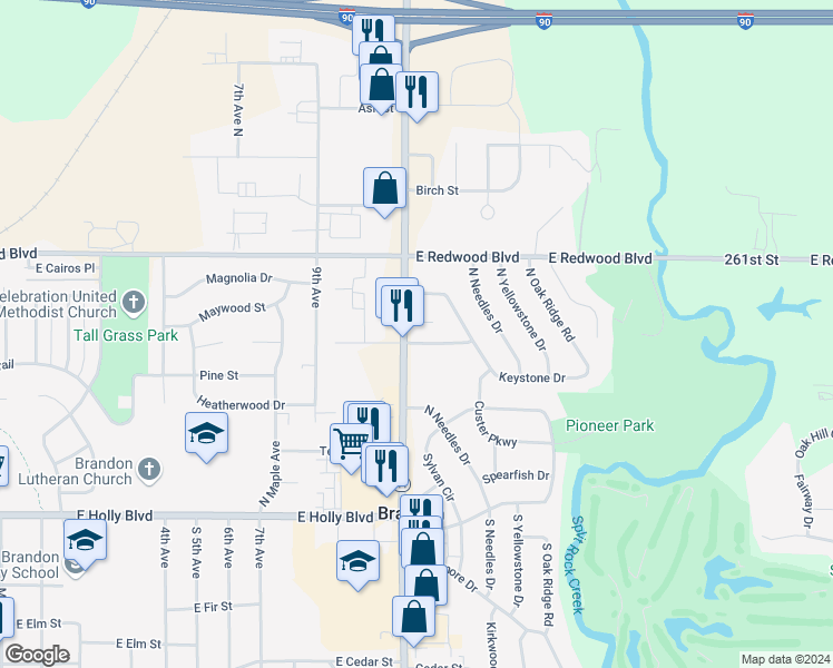 map of restaurants, bars, coffee shops, grocery stores, and more near 400 North Splitrock Boulevard in Brandon