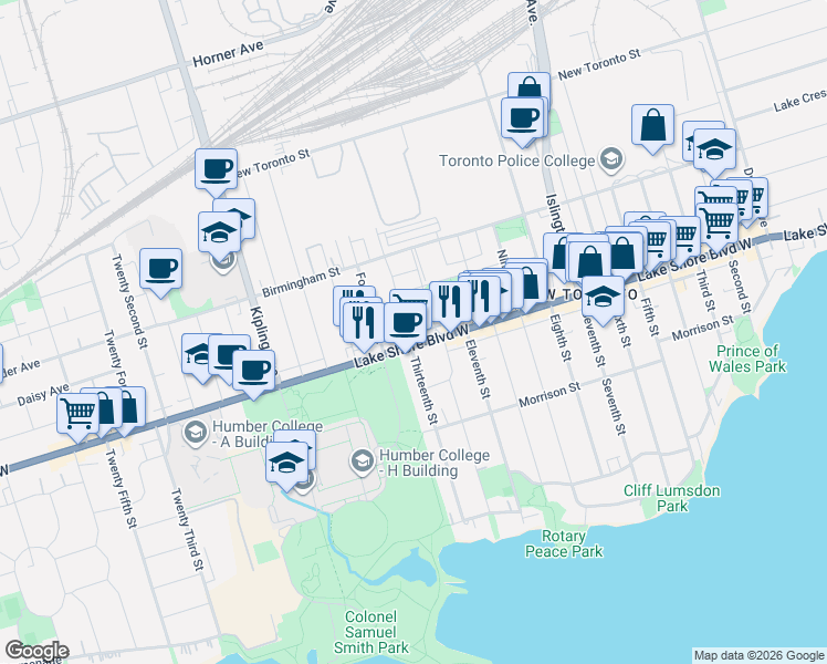 map of restaurants, bars, coffee shops, grocery stores, and more near 141 Thirteenth Street in Toronto