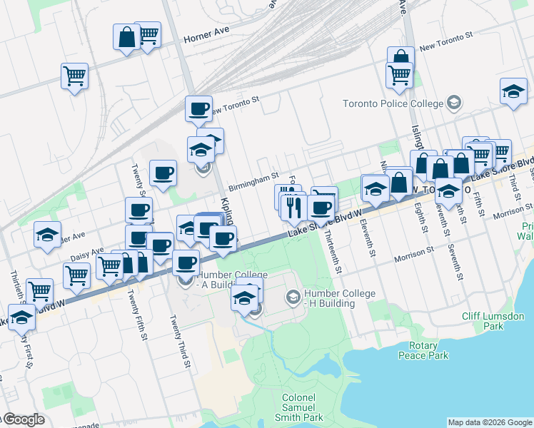 map of restaurants, bars, coffee shops, grocery stores, and more near 21 Sixteenth Street in Toronto