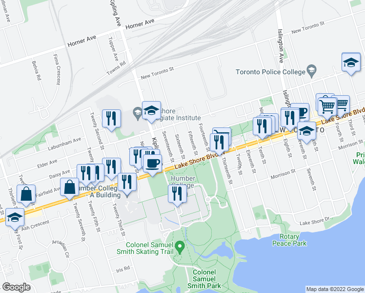 map of restaurants, bars, coffee shops, grocery stores, and more near 21 Sixteenth Street in Toronto