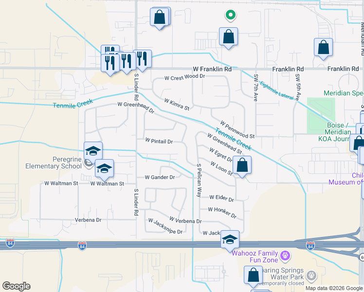 map of restaurants, bars, coffee shops, grocery stores, and more near 541 South Canvasback Way in Meridian