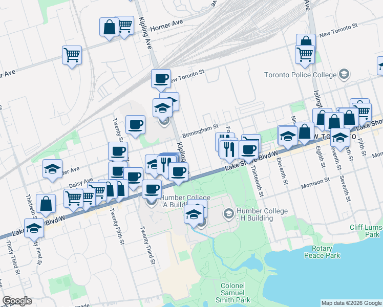 map of restaurants, bars, coffee shops, grocery stores, and more near 32 Seventeenth Street in Toronto
