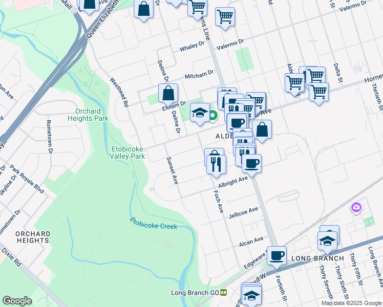 map of restaurants, bars, coffee shops, grocery stores, and more near 53 Burlingame Road in Toronto