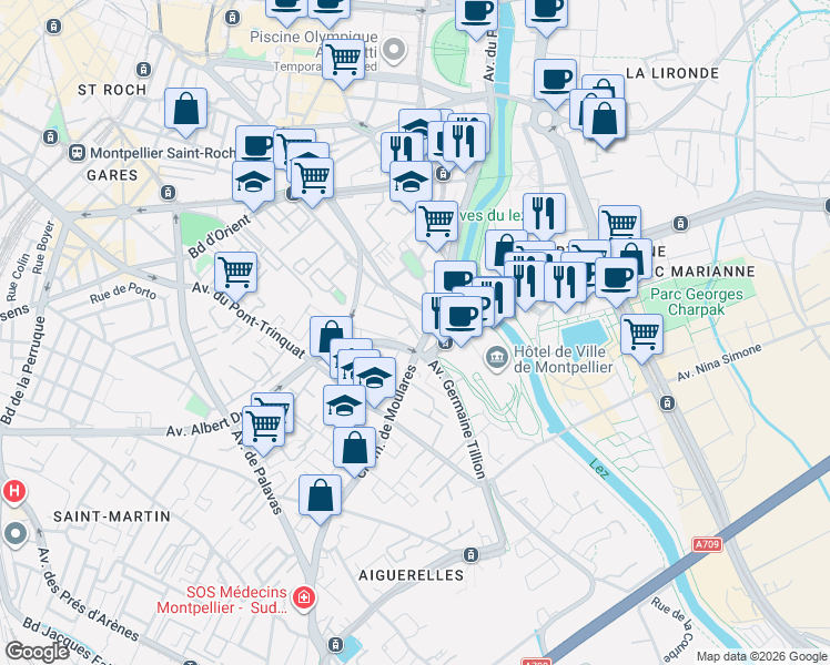 map of restaurants, bars, coffee shops, grocery stores, and more near Allée des Frères Grimm in Montpellier