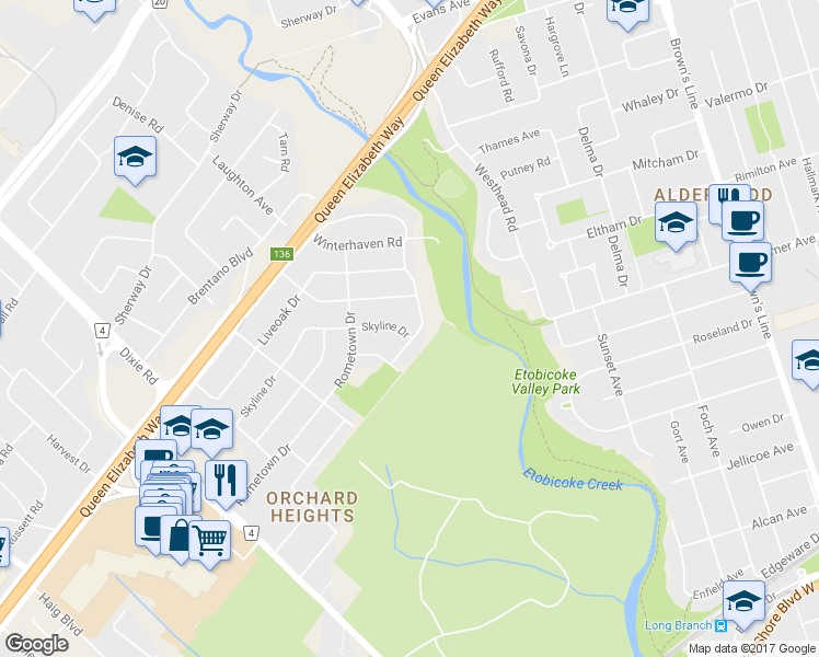 map of restaurants, bars, coffee shops, grocery stores, and more near 1528 Clearwater Drive in Mississauga