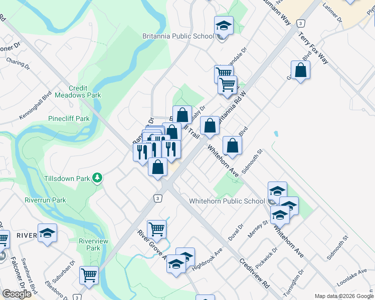 map of restaurants, bars, coffee shops, grocery stores, and more near 6045 Creditview Road in Mississauga