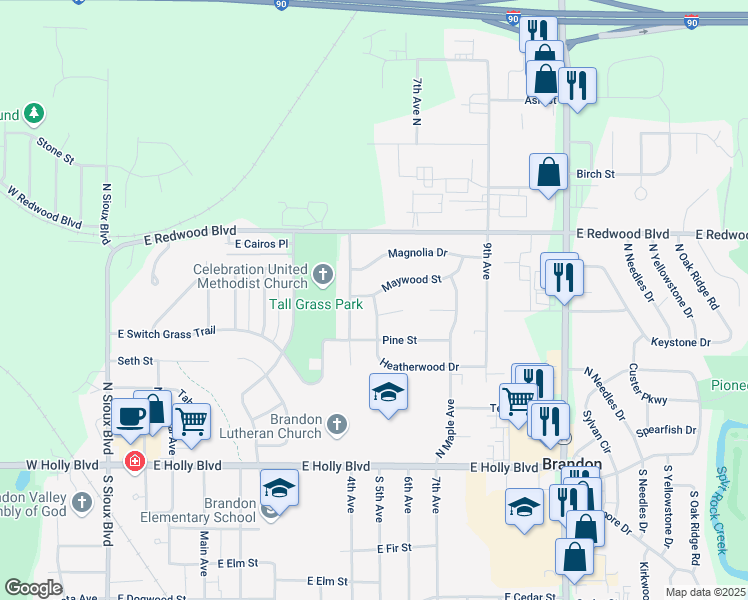 map of restaurants, bars, coffee shops, grocery stores, and more near 817 Heatherwood Dr in Brandon