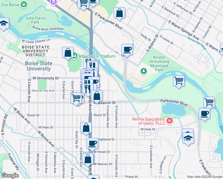 map of restaurants, bars, coffee shops, grocery stores, and more near 1070 South Leadville Avenue in Boise