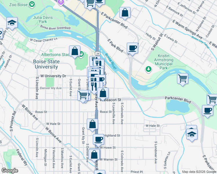 map of restaurants, bars, coffee shops, grocery stores, and more near 101-3 South Leadville Avenue in Boise