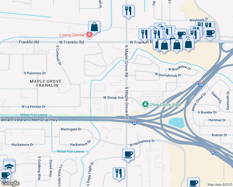 map of restaurants, bars, coffee shops, grocery stores, and more near 23 South Maple Grove Road in Boise