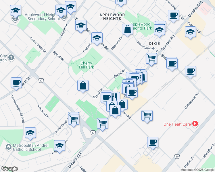map of restaurants, bars, coffee shops, grocery stores, and more near 3250 Lednier Terrace in Mississauga