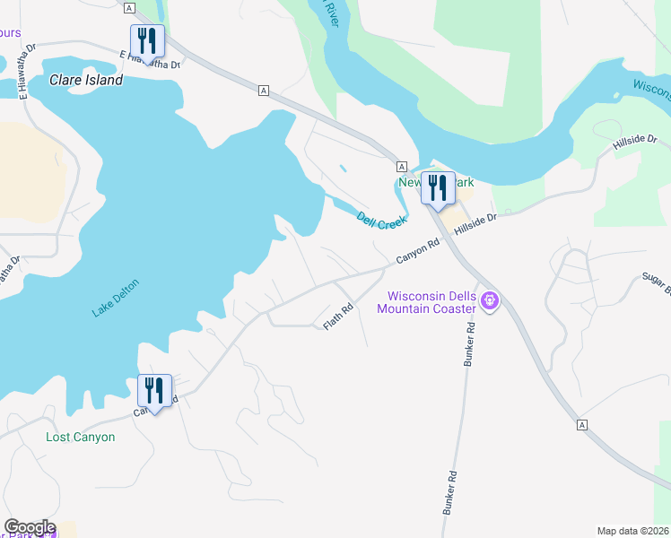 map of restaurants, bars, coffee shops, grocery stores, and more near 1251 Canyon Road in Wisconsin Dells