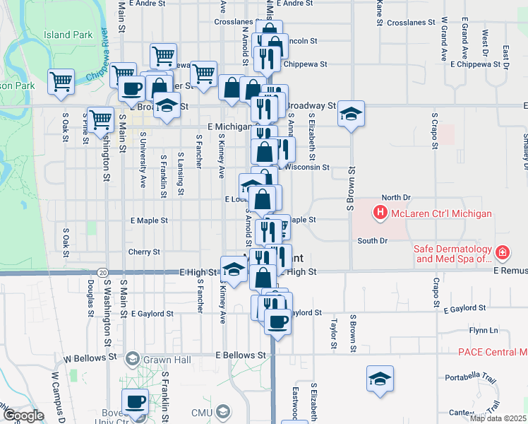 map of restaurants, bars, coffee shops, grocery stores, and more near 711-721 East Locust Street in Mount Pleasant