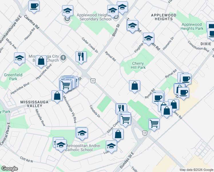 map of restaurants, bars, coffee shops, grocery stores, and more near 720 Hillman Crescent in Mississauga