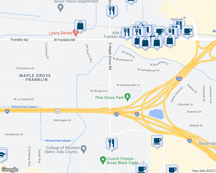 map of restaurants, bars, coffee shops, grocery stores, and more near 540 South Workland Lane in Boise