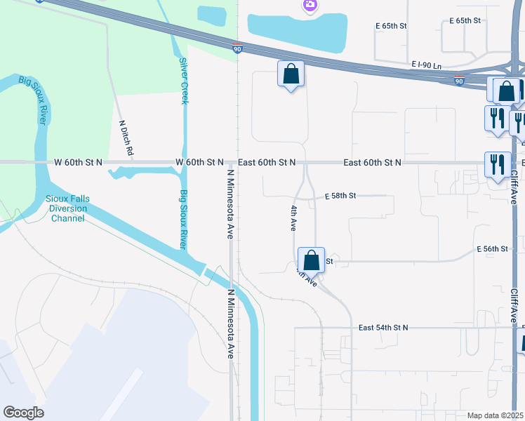 map of restaurants, bars, coffee shops, grocery stores, and more near 4811 North 4th Avenue in Sioux Falls