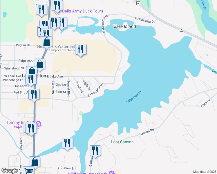 map of restaurants, bars, coffee shops, grocery stores, and more near 650 East Hiawatha Drive in Wisconsin Dells