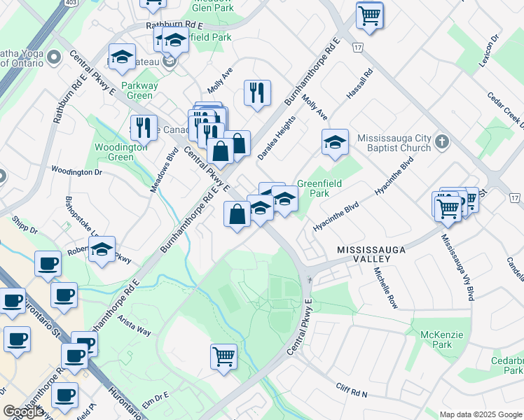map of restaurants, bars, coffee shops, grocery stores, and more near 1180 Mississauga Valley Boulevard in Mississauga