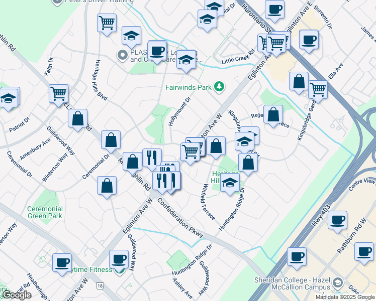 map of restaurants, bars, coffee shops, grocery stores, and more near Eglinton Avenue West in Mississauga