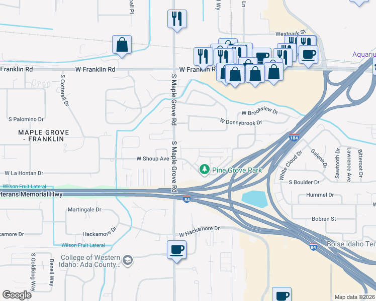 map of restaurants, bars, coffee shops, grocery stores, and more near 448 South Maple Grove Road in Boise