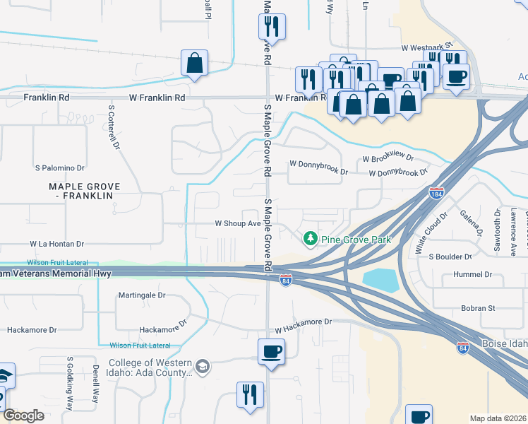 map of restaurants, bars, coffee shops, grocery stores, and more near 23 South Maple Grove Road in Boise