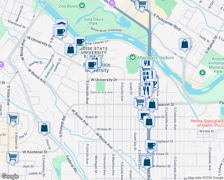 map of restaurants, bars, coffee shops, grocery stores, and more near 1910 West University Drive in Boise