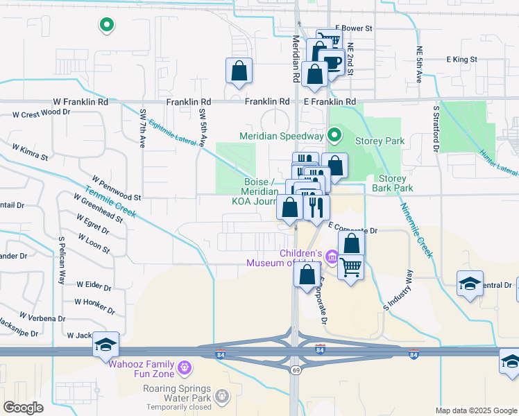 map of restaurants, bars, coffee shops, grocery stores, and more near 184 West Pennwood Street in Meridian