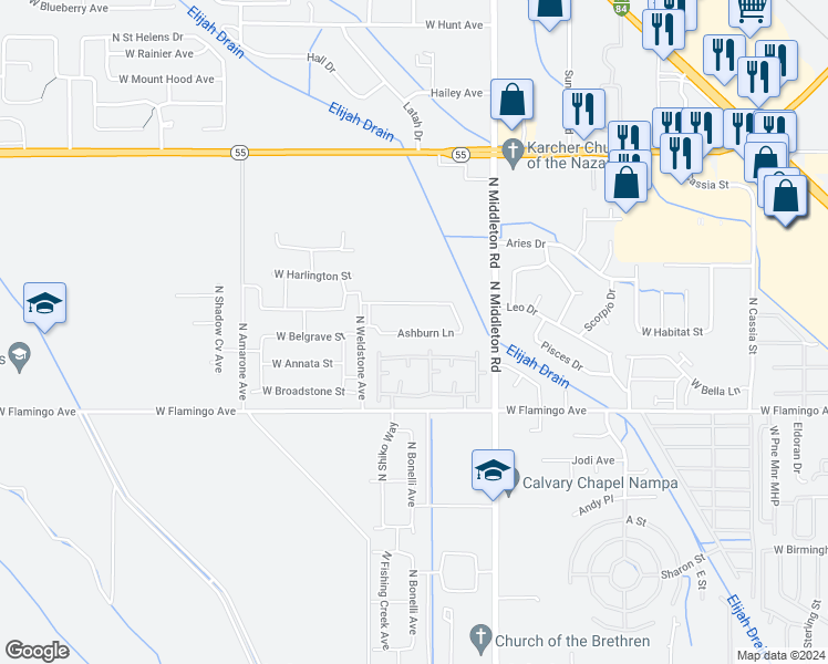 map of restaurants, bars, coffee shops, grocery stores, and more near 11143 West Brassy Cove Loop in Nampa