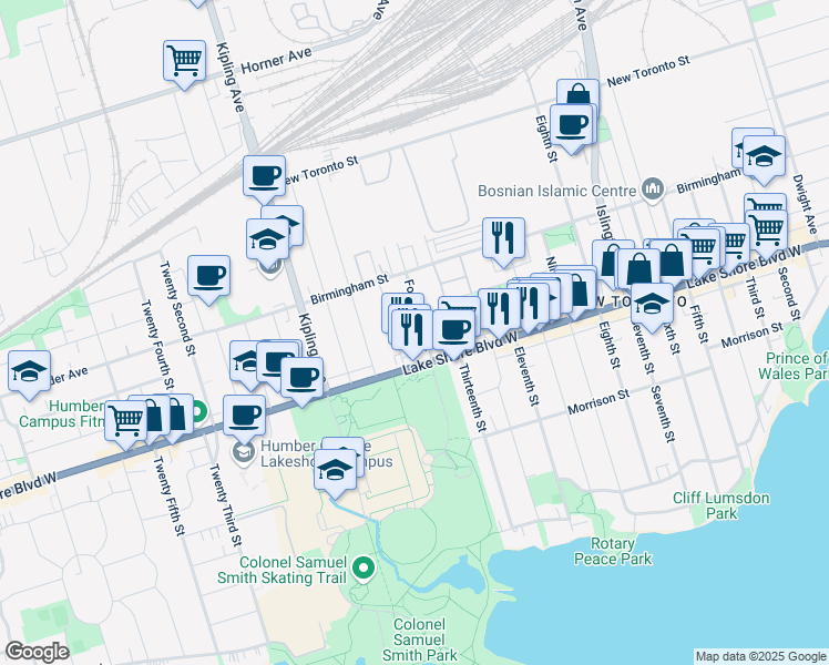 map of restaurants, bars, coffee shops, grocery stores, and more near in Etobicoke