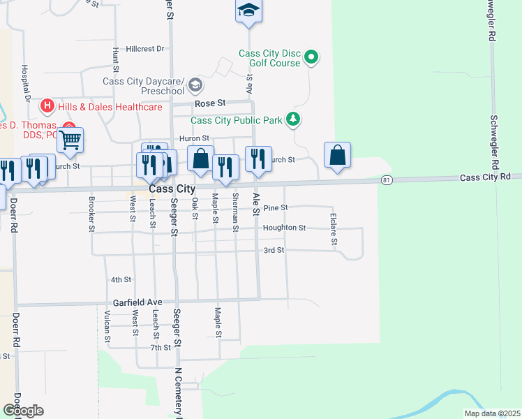 map of restaurants, bars, coffee shops, grocery stores, and more near 6712 Main Street in Cass City