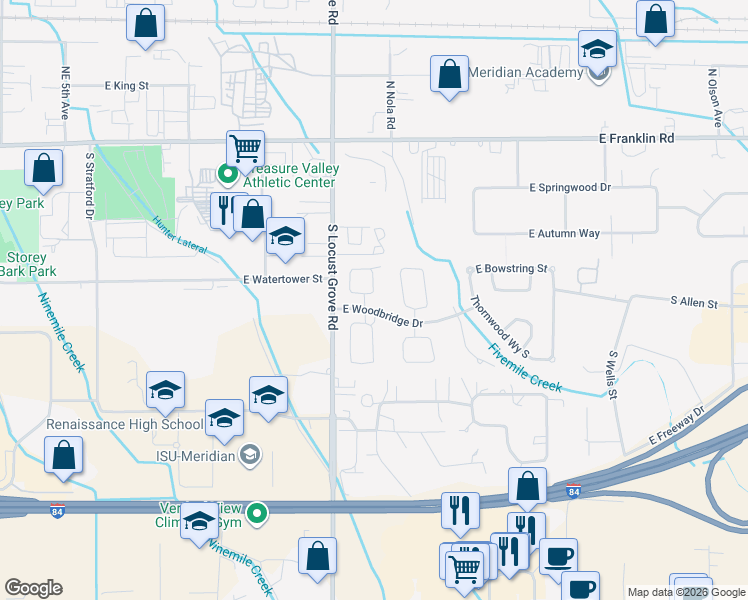 map of restaurants, bars, coffee shops, grocery stores, and more near 1737 East Bollman Street in Meridian