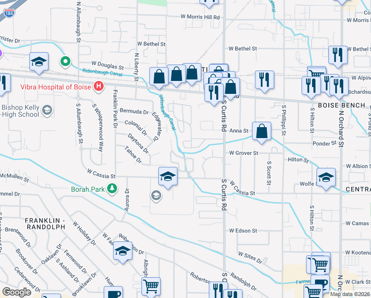 map of restaurants, bars, coffee shops, grocery stores, and more near 421 South Curtis Road in Boise