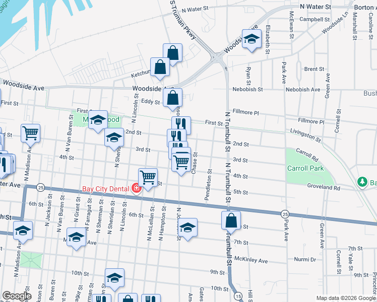 map of restaurants, bars, coffee shops, grocery stores, and more near 1122 North Johnson Street in Bay City