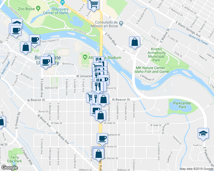 map of restaurants, bars, coffee shops, grocery stores, and more near 900 Belmont Street in Boise